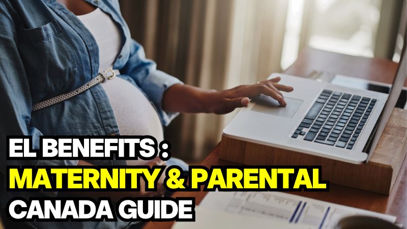 A pregnant woman using a laptop to research EL maternity and parental benefits Canada.