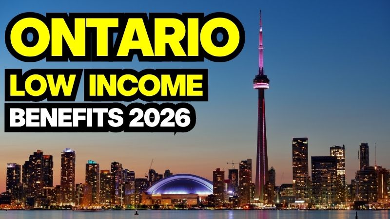 Toronto skyline with CN Tower featuring text for O Ontario benefits for low-income families.