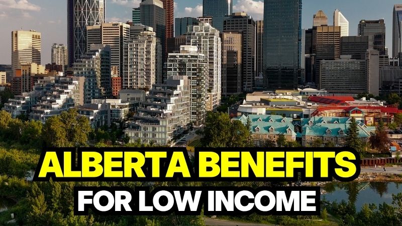 Calgary downtown skyline with Bow River featuring text for Alberta benefits for low income families.