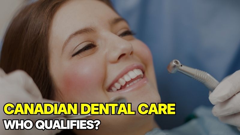 A dental professional examining a smiling patient's teeth, illustrating the Canadian Dental Care Plan(CDCP) eligibility.