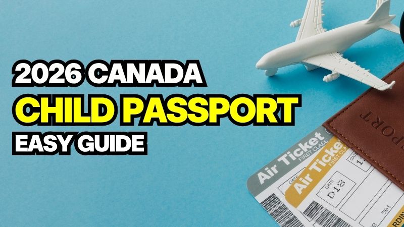 Miniature airplane and globe next to a passport case, illustrating a child passport application Canada guide for parents.
