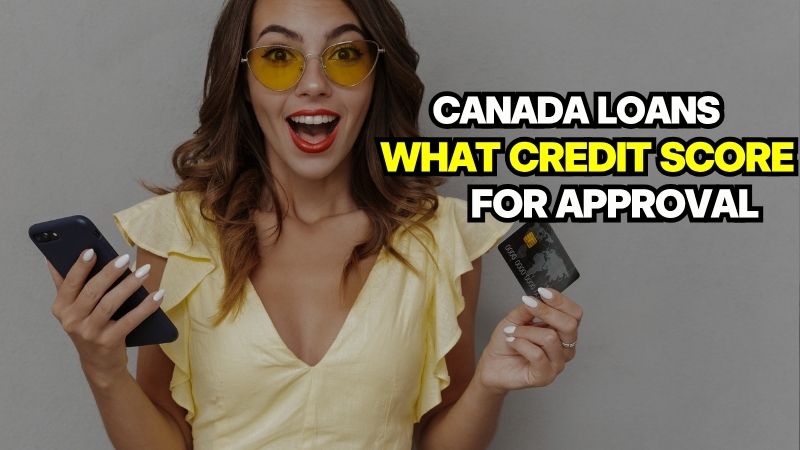 A person with yellow sunglasses holding a phone and a credit card, showing the Canada credit score for loans approval.