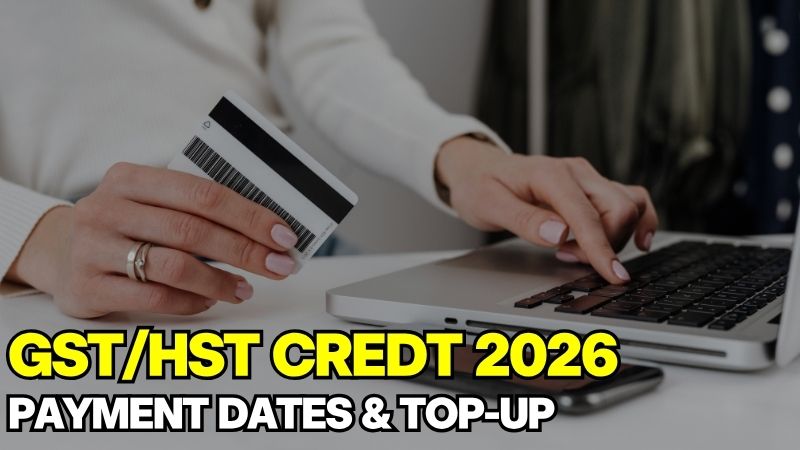 A person hiding a credit card and using a laptop to check GST/HST Credit Canada 2026 payment dates.