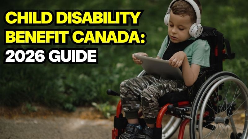 A young boy in a wheelchair using a tablet, explaining Child Disability Benefit Canada.
