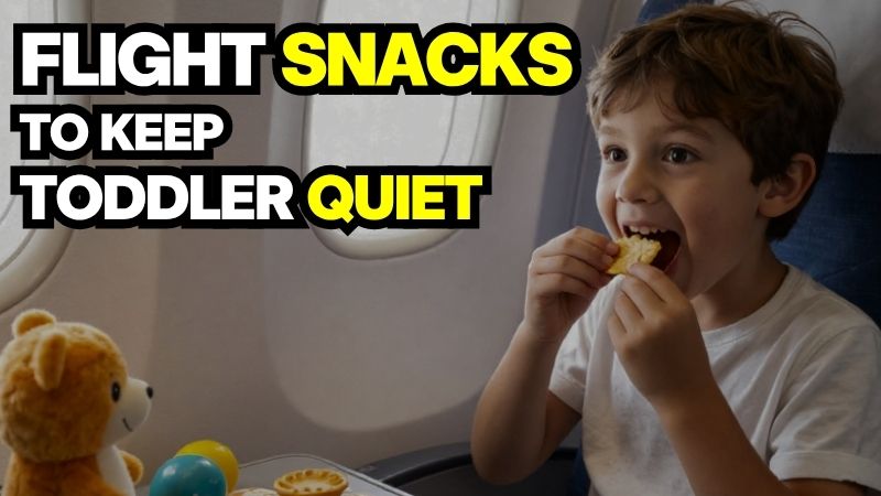A happy toddler eating smacks on a plane, representing Best Travel Snacks for Toddlers on Long Flights.