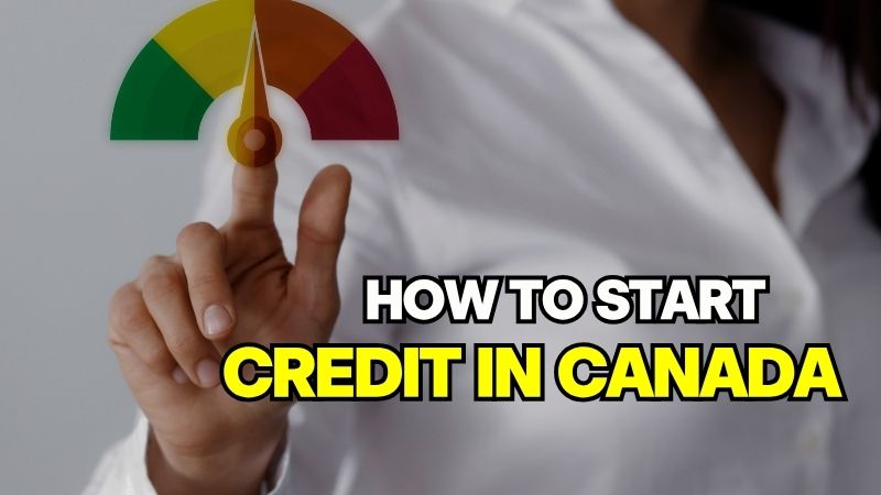 A person pointing at a credit score gauge, showing how to start credit for newcomers when you have no credit history in Canada.