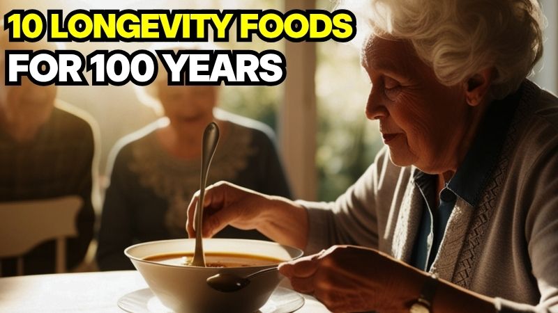An elderly woman enjoying a healthy meal, representing the best longevity foods for a long and healthy life with yellow text '10 LONGEVITY FOODS FOR 100 YEARS'
