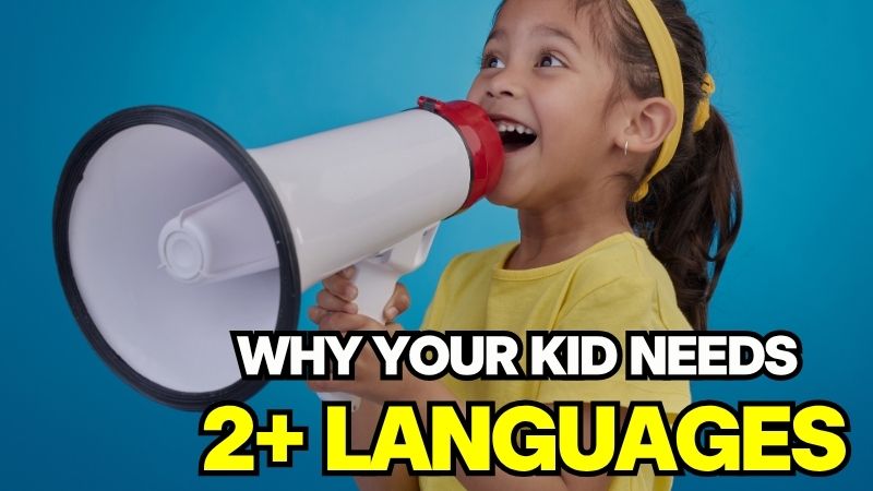 A young girl happily speaking through a megaphone, illustrating the advantages of multilingual kids.