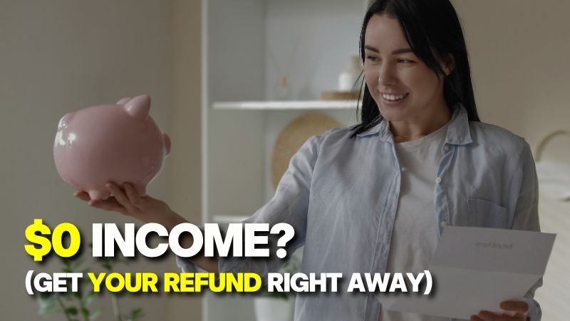 File Taxes in Canada with No Income - A smiling woman holding a piggy bank and tax documents.