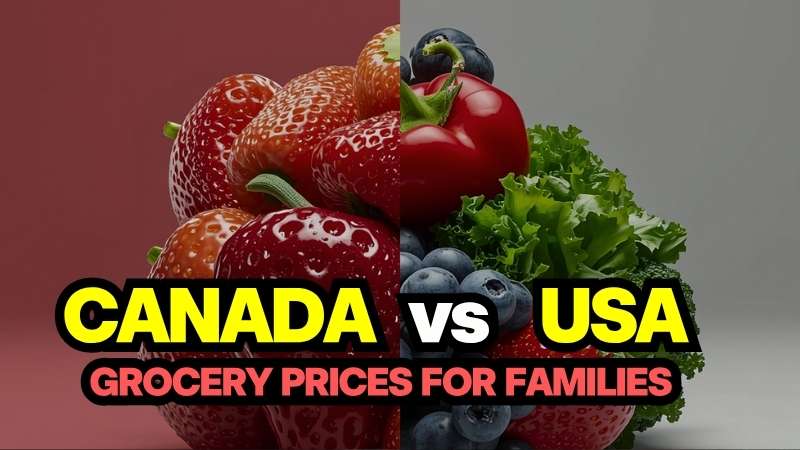 Canada vs US Grocery Prices - Side-by-side comparison of food items and prices tags.