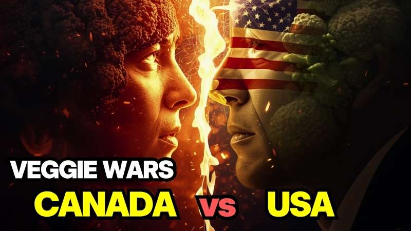 Canada vs US Vegetable Prices for Families - A side-by-side illustration of lots of broccoli-headed figures facing off.