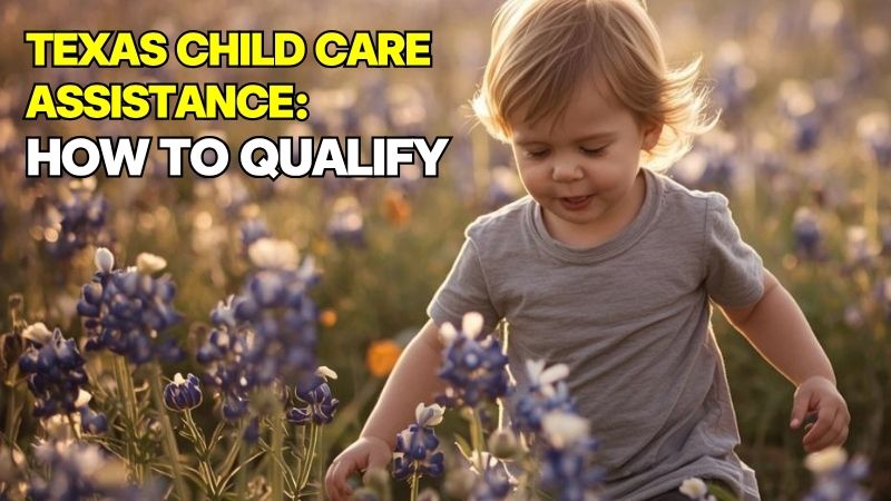 A young child playing in a field of bluebonnets, representing Texas Child Care Assistance and Eligibility.