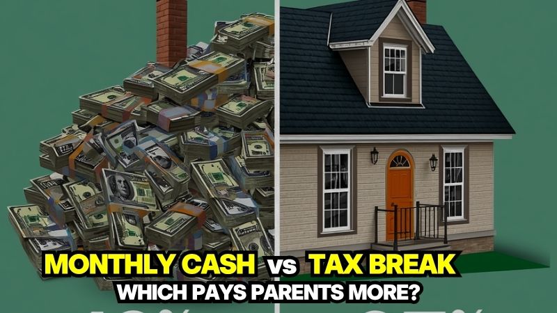 Comparison of Canada Child Benefit vs US Child Tax Credit featuring a pile of cash and a family house.