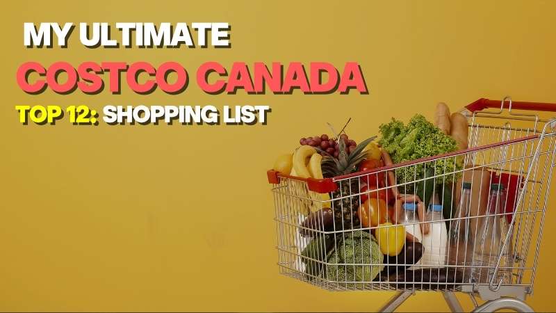A shipping cart filled with various grocery items inside a warehouse, highlighting the best value Costco grocery Canada finds for families.