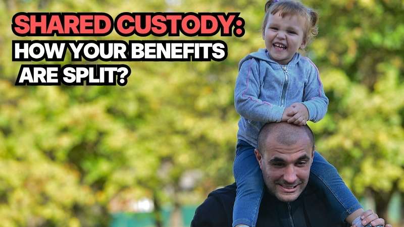 A father happily carrying his young daughter on his shoulders outdoors, explaining how Canada shared custody benefits are calculated and split between parents.