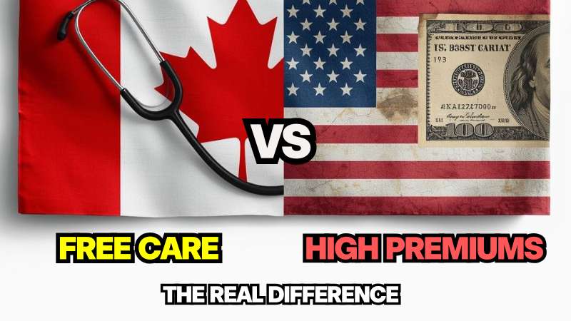 Comparison graphic of Canada vs US healthcare system, showing the Canadian flag with a stethoscope and the US flag with ha US dollar bill.