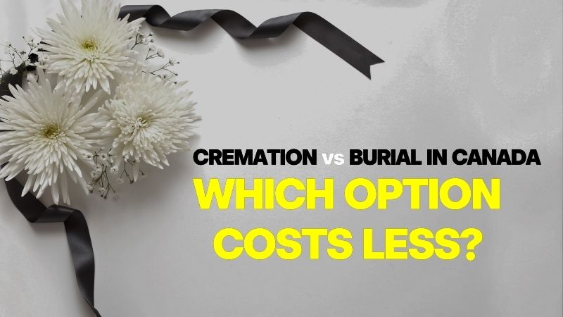 White flowers with a clack ribbon, illustrating the cost comparison between Cremation vs Burial in Canada.