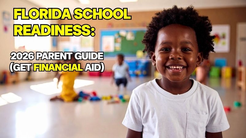 A smiling young boy inn a classroom setting for a Florida child care assistance and school readiness guide.