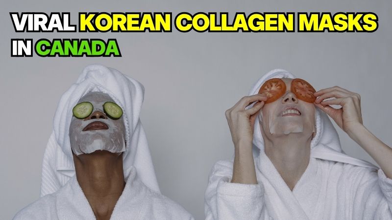 Two women enjoying a home spa with a Korean collagen mask in Canada, one with cucumber slices on her eyes and the other with tomato slices.