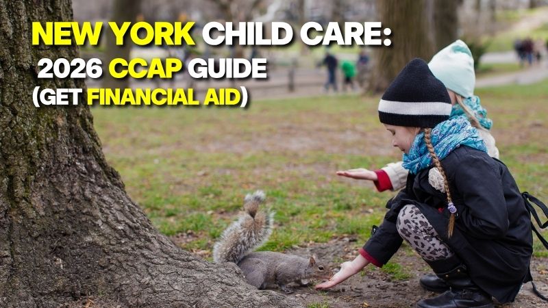 young children feeding a squirrel in a New York park, featured in a guide about New York child care assistance and CCAP benefits.