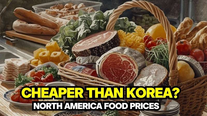 A basket overflowing with fresh produce, meat, and bread on a kitchen counter, illustrating Foods Cheaper in North America Than Kore