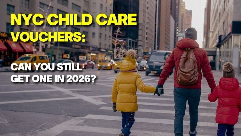 An adult and two children holding hands while walking across a city street with a New York background, representing a guide on how to get an NYC child care voucher.