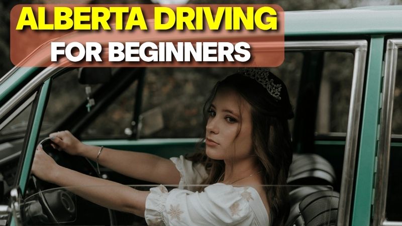 A young woman holding a steering wheel inside a car, serving as a visual thumbnail for the Alberta driver’s licence guide for beginners