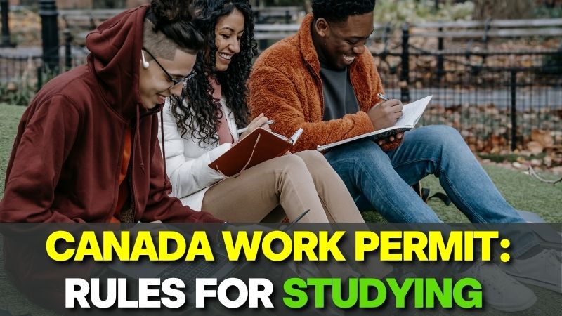 Three international students studying outdoors together with notebooks, answering the question Can Study on Work Permit in Canada.
