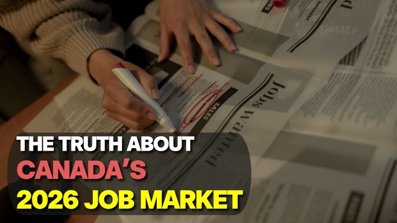 Close-up of job seeker looking for a job in the newspaper with a pen marking, illustrating the Job Market in Canada in 2026.