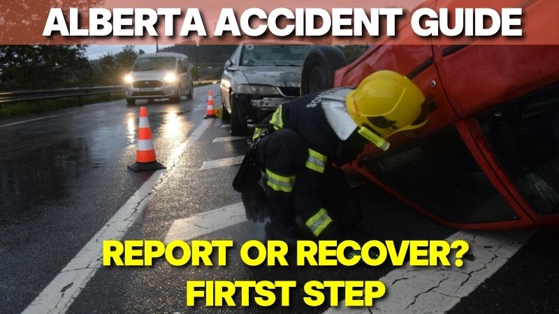 A firefighter assisting at the scene of a car accident in Alberta on a wet road.