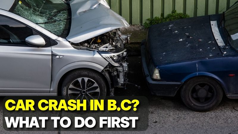 A silver car and a navy blue car damaged in a collision, serving as a thumbnail guide for a Car accident in BC for newcomers.