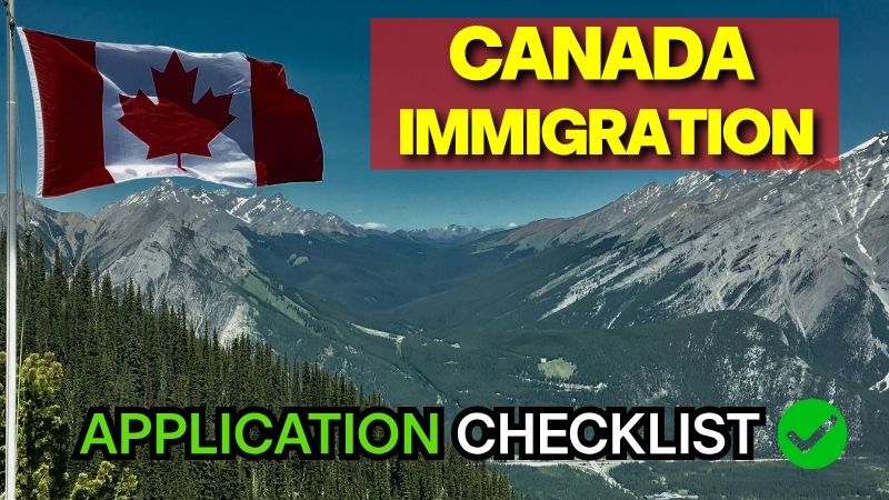 Beautiful Canadian Rocky Mountains and flag backdrop for a Canada immigration application mistakes prevention and checklist.