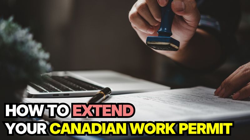 A close-up of a person stamping an official document next to a laptop, providing a clear visual guide on how can I extend my work permit in Canada.