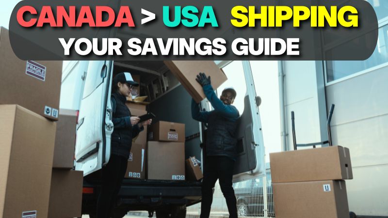 Two delivery workers loading and moving cardboard boxes into a van, representing shipping to USA from Canada.