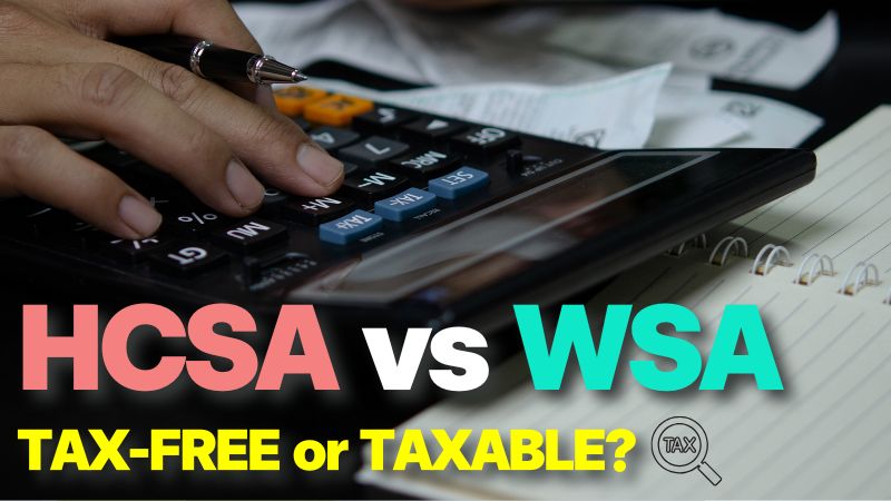 Thumbnail featuring a calculator with text about Canada HCSA vs WSA asking TAX-FREE or TAXABLE?