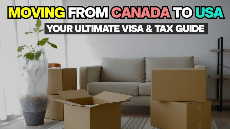 An image showing cardboard boxes in a living room, providing a thumbnail on how to move to USA from CANADA with a visa and tax guide.