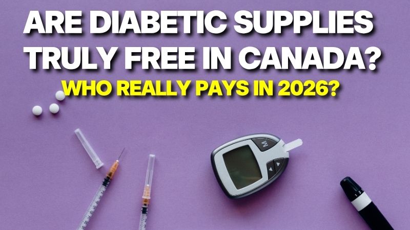 A thumbnail displaying a blood glucose meter and insulin syringes with text asking about free diabetic supplies in Canada and who pays in 2026