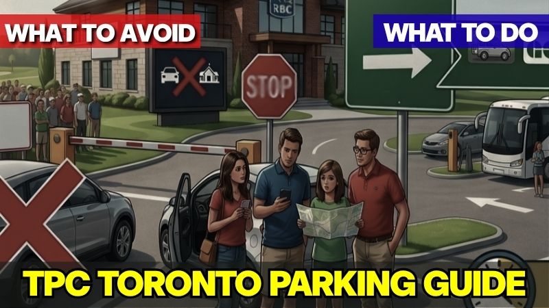 TPC Toronto at Osprey Valley parking guide map showing spectator shuttle routes, what to avoid, and parking locations for the RBC Canadian Open