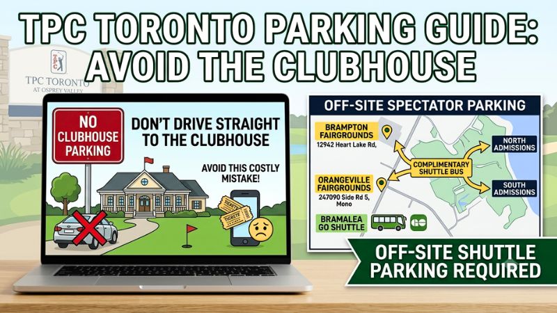 Parking guide diagram for TPC Tronto at Osprey Valley showing off-site spectator shuttle lots and warning against driving straight to the clubhouse.