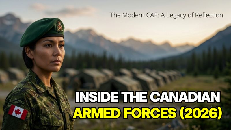 A Canadian Armed Forces soldier in CADPAT uniform standing in front of a mountain landscape, illustrating Canadian military numbers, pay, and personnel guide for 2026.