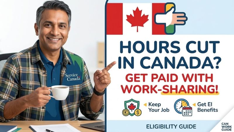Illunstrated guide showing a man pointing to EI benefits details when your hours are cut in Canada under the Work-Sharing Program.