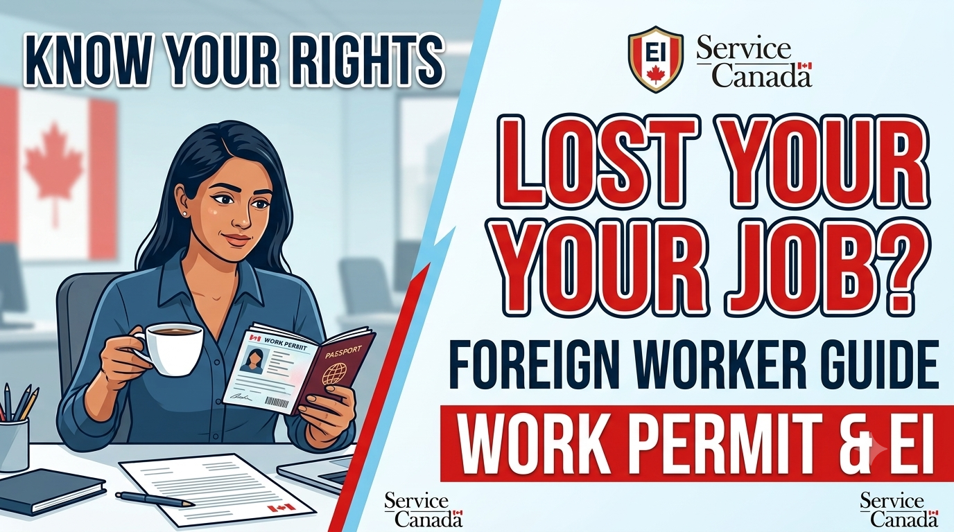 An illustrated guide featuring a woman holding a work permit and passport, explaining EI benefits and legal rights regarding work permit job loss in Canada.