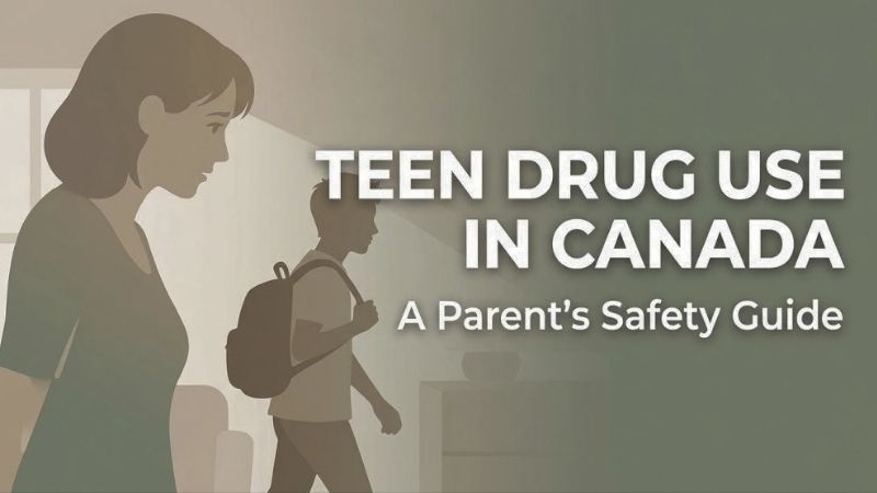 A parent's safety guide to Teen Drug Use in Canada, featuring a thoughtful mother watching her child walk towards school, highlighting awareness and prevention.