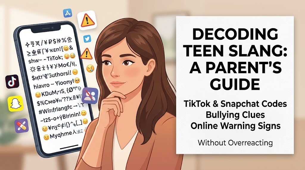 A parent holding a smartphone with emojis, serving as a guide on teen slang for parents to decode TikTok and Snapchat codes.