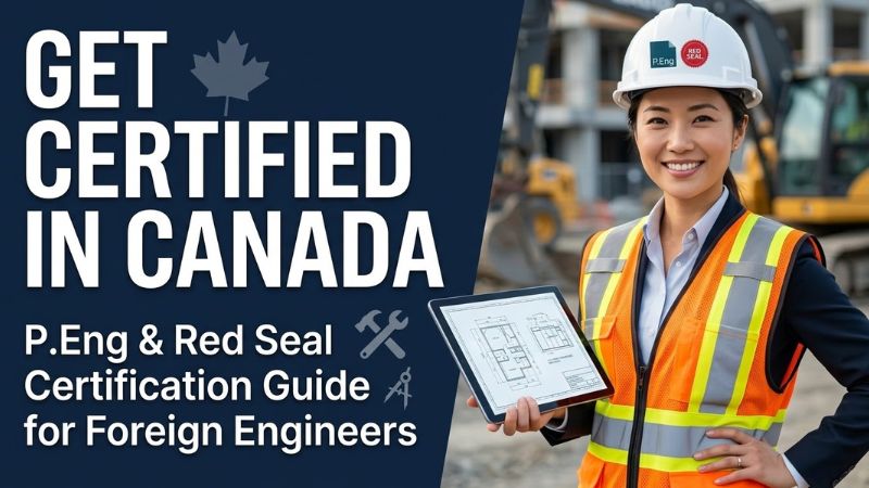 A professional engineer wearing a hard hat and safety vest smiling in front of a modern background with bold text that reads 'GET CERTIFIED IN CANADA' for P.Eng and Red Seal in Canada.
