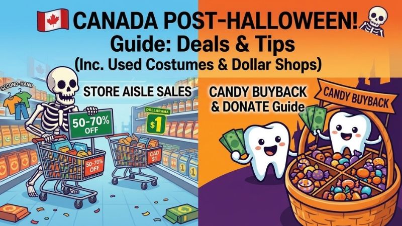 A thumbnail guide for Halloween Clearance in Canada featuring post-holiday deals, costume savings, and candy buyback tips.