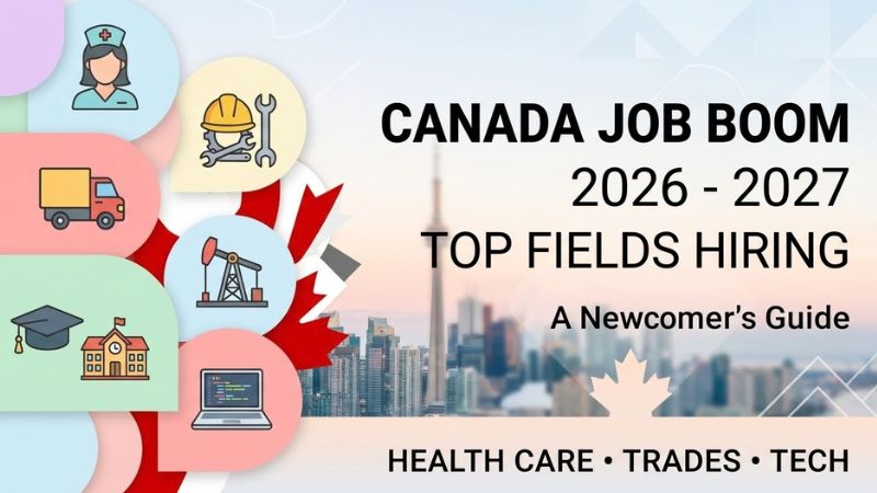 A blog thumbnail showing top Jobs in Demand in Canada 2026–2027, featuring icons for key industries such as healthcare, trades, and tech with a Toronto skyline background.