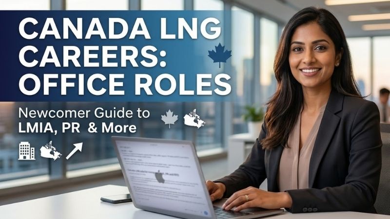 A professional woman sitting in a modern high-rise office works on a laptop, smiling confidently, representing the diverse professional opportunities and career paths available through Canada LNG jobs for immigrants.