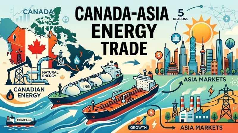 An illustration depicting Canadian energy exports, showing LNG and oil tankers traveling from Canada to growing Asia markets.