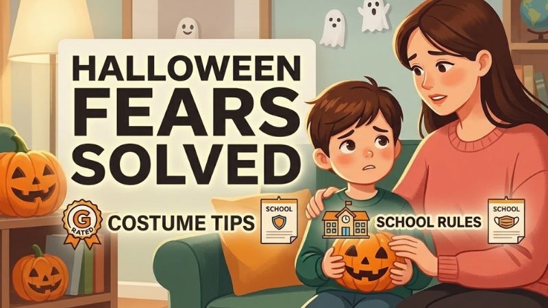 An illustration of a supportive mother comforting her young child at home, with bold text reading Halloween Fears Solved, Costume Tips, and School Rules to help address Halloween fears in kids.